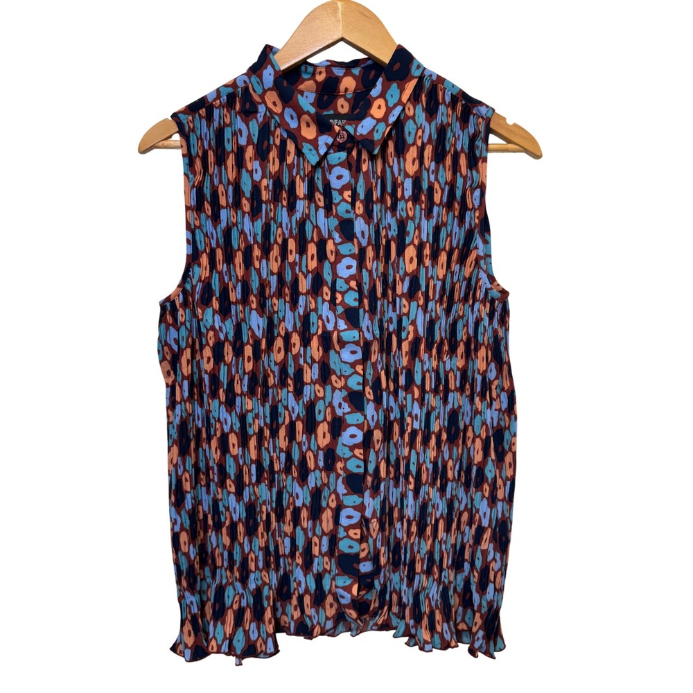 Wildfang Empower Plisse Button Up Shirt‎ S Sleeveless Pleats Stretch Abstract